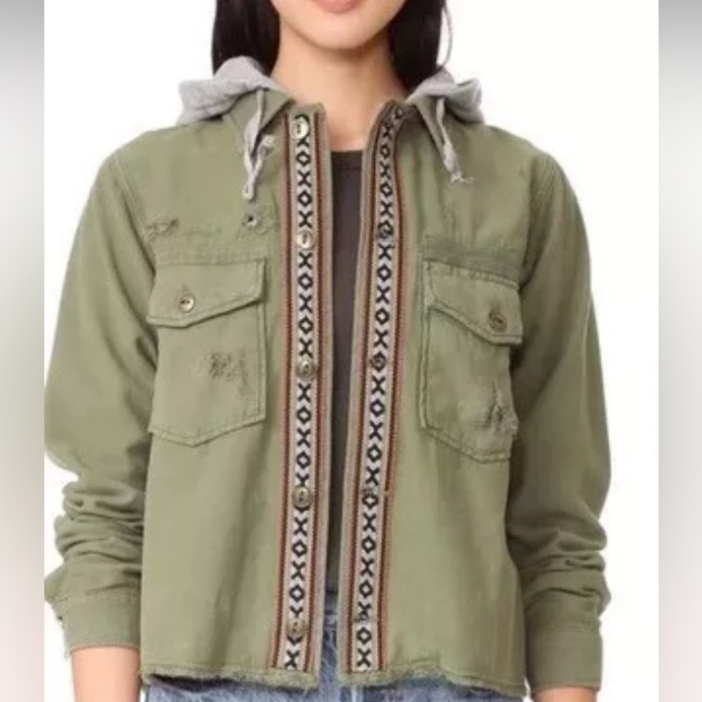 Free People‎ Weekend Wanderer Distressed Green Embroidered W’sHooded Jacket S